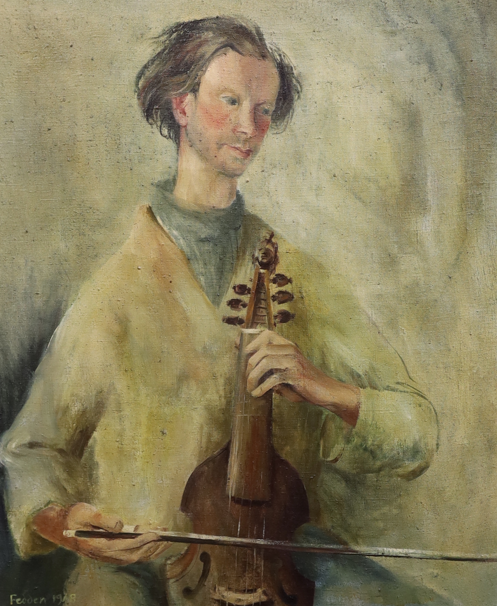 Mary Fedden OBE R.A. PPRWA (1915-2012), Portrait of Professor Robert Donington, playing the Viola de Gamba, oil on canvas, 60 x 50cm